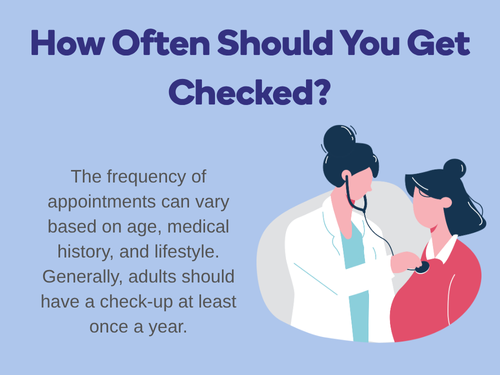 Illustrated doctor advises patient on regular medical check-up frequency based on lifestyle and age