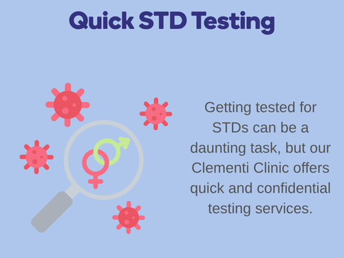 Illustrated graphic promotes quick, confidential STD testing services offered at Clementi Clinic