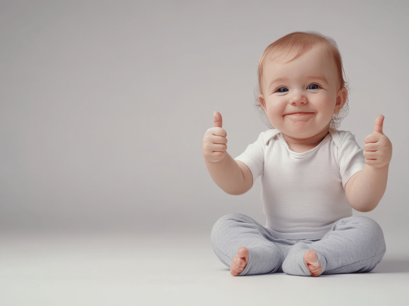 Smiling baby sits cross-legged giving two thumbs up, symbolizing health and positive well-being
