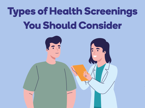 Illustrated doctor discusses Health Screening types with a male patient during a consultation session