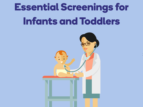 Pediatric doctor examines smiling baby during a routine health screening package for young children