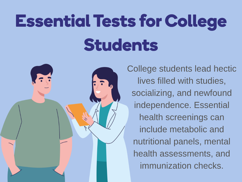 Illustrated doctor explains essential health tests and screenings to a college student for wellness