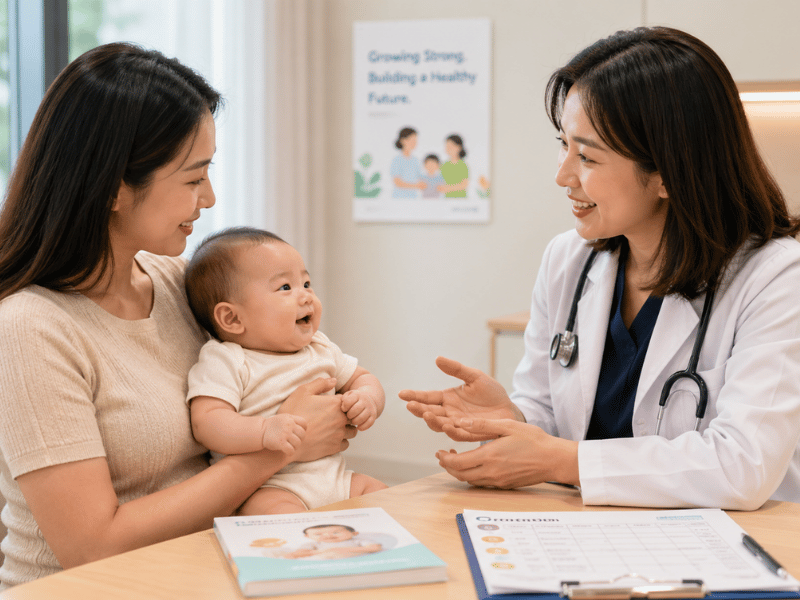 An Asian mother holds her smiling baby while a doctor explains baby vaccination care in a bright clinic