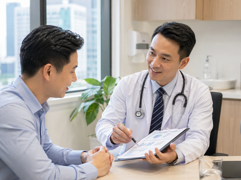 Doctor explains Cancer screening results to a patient during a friendly clinic consultation in Singapore.