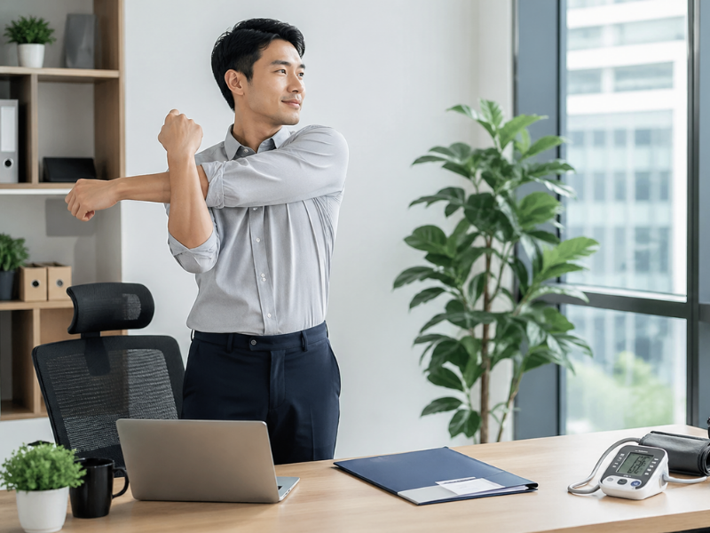 Man stretches beside a desk after visiting a clementi clinic for routine care.