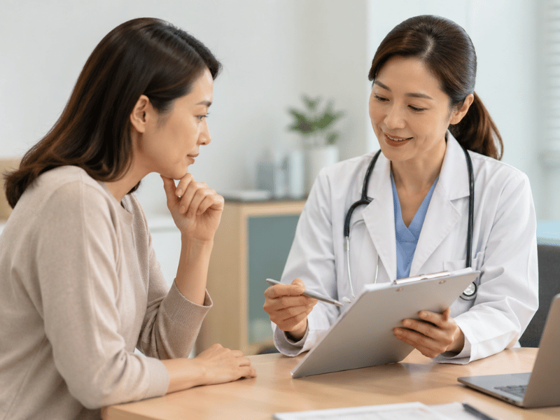 A female doctor discusses health screening results with an Asian patient in a calm medical office