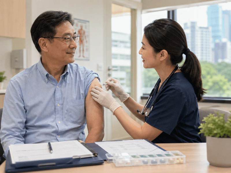 A nurse gives an older Asian man a flu vaccination during a routine clinic visit
