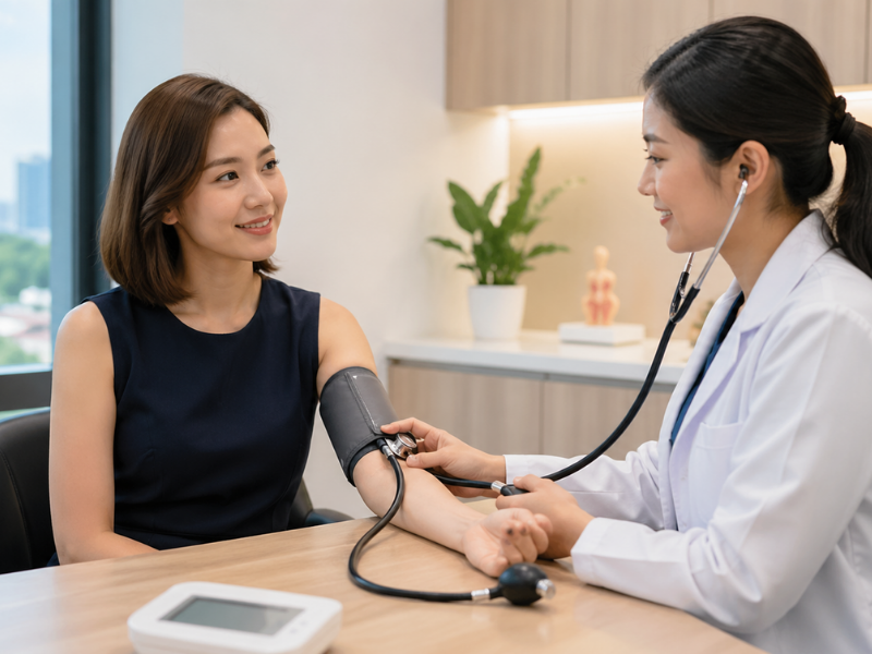Doctor checks a patient’s blood pressure during a full body checkup at a clinic.