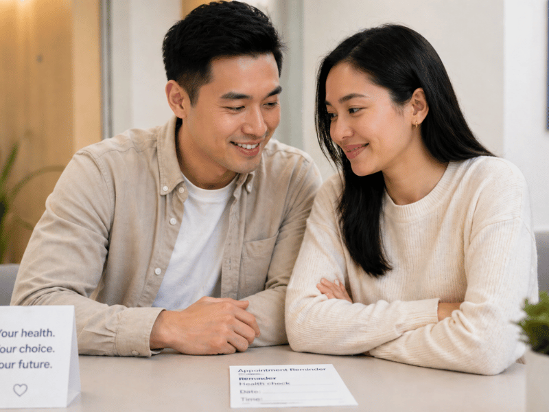 An Asian couple smiles together while reviewing a health screening appointment reminder at a clinic desk