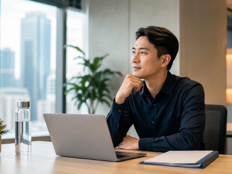 Man preparing for health screening while using a laptop in a bright office setting.