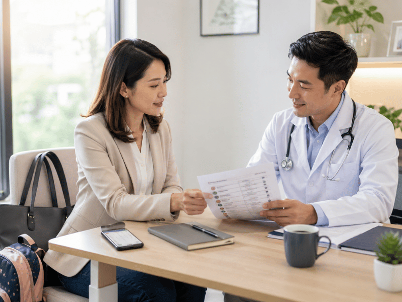 A doctor reviews a health screening report with an Asian woman during a clinic consultation