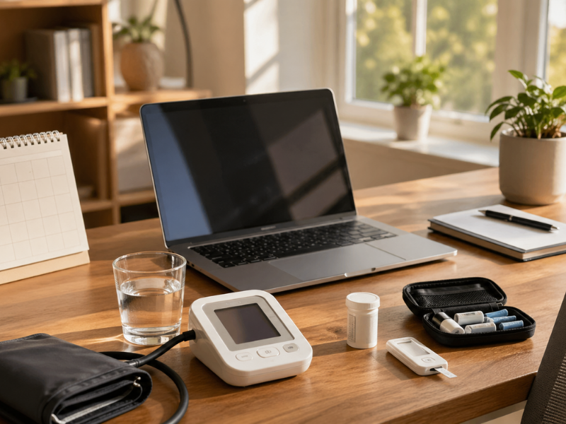 HealthierSG screening tools are arranged on a home desk with medical items and notes.