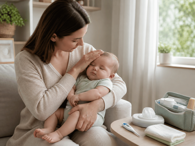 A mother gently checks her sleeping baby at home after a Baby vaccination appointment, with care supplies nearby