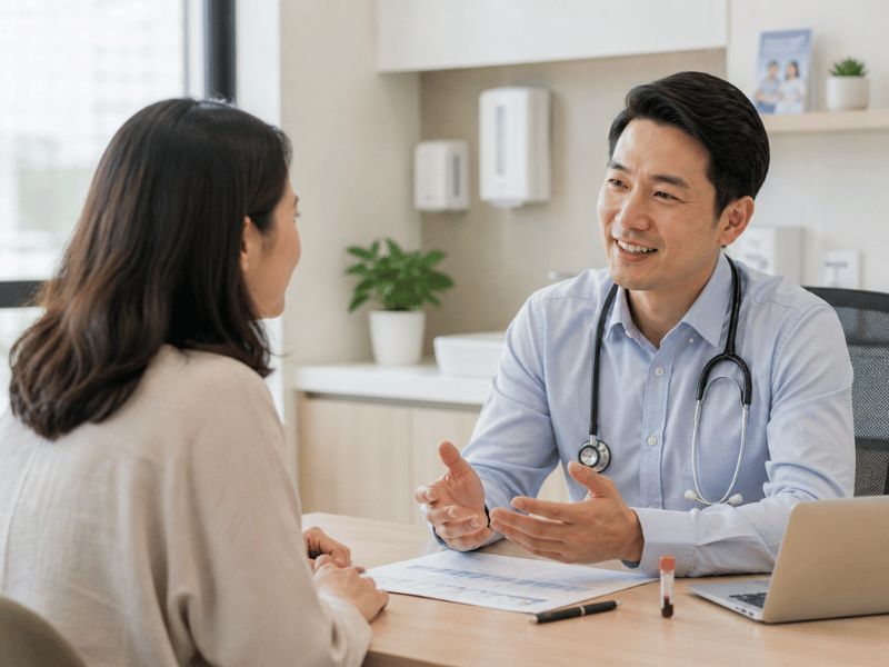 A doctor discusses Cancer screening options with a patient during a calm clinic consultation