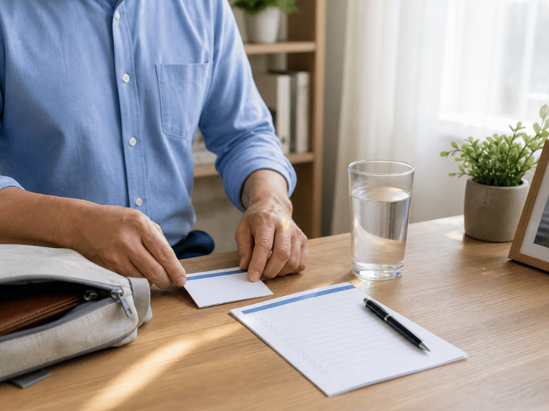 A person prepares for a full body checkup with water, notes, and appointment items on a desk