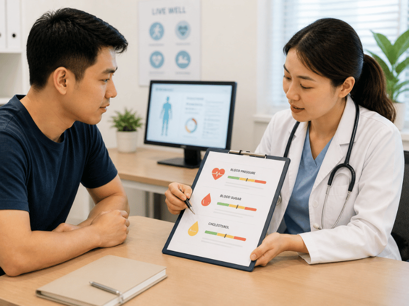 A doctor at a clementi clinic explains blood pressure, blood sugar, and cholesterol results to a patient