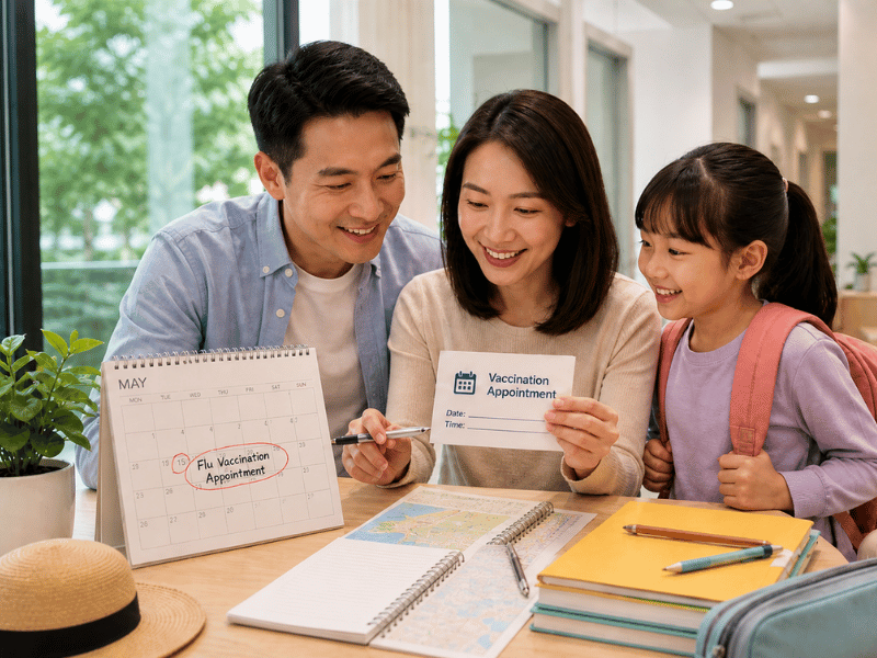 A smiling family reviews a calendar and appointment card while planning flu vaccination before school and travel