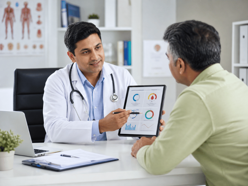 A doctor explains health check up results to a patient using a tablet with simple medical charts