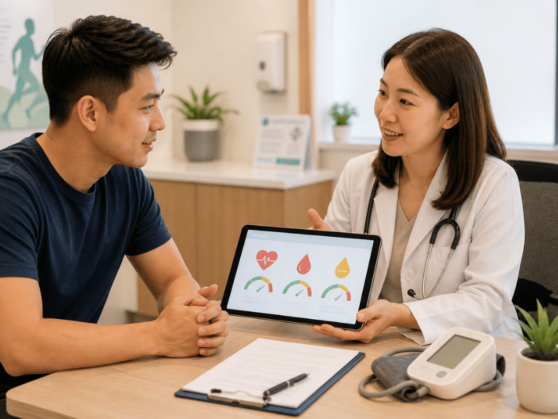 A doctor explains HealthierSG preventive health plans to a young adult patient in a modern clinic