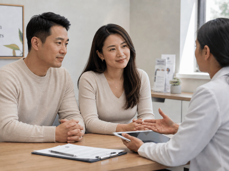 An adult couple discusses an STD test with a doctor in a private clinic consultation room