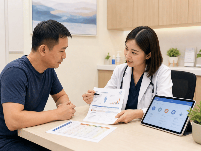 A doctor explains a health screening package report to a patient during a calm clinic consultation